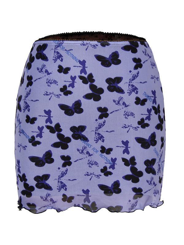 Printed mesh skirt high waist double layer slim wrap hip skirt - 808Lush