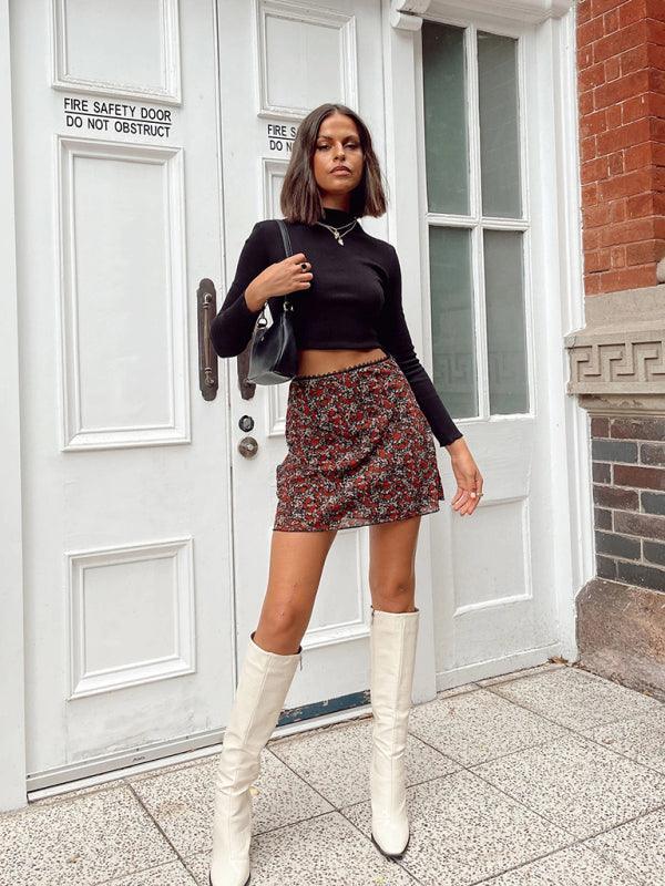 Printed mesh skirt high waist double layer slim wrap hip skirt - 808Lush