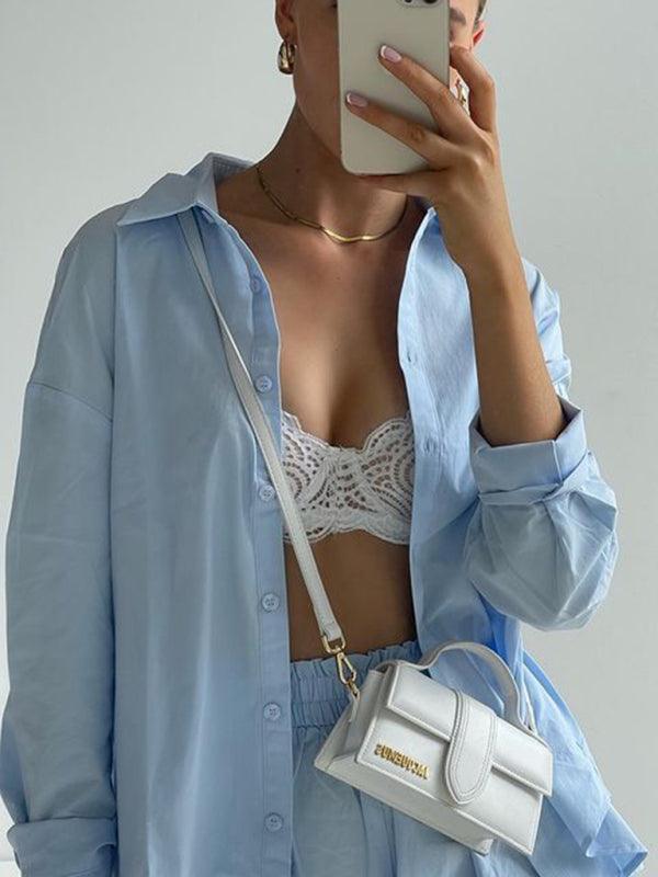 Two-piece Solid Color Single Breasted Long Sleeve Lapel Shirt Shorts Loose Fashion Casual Suit - 808Lush