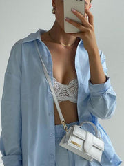 Two-piece Solid Color Single Breasted Long Sleeve Lapel Shirt Shorts Loose Fashion Casual Suit - 808Lush
