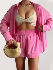 Two-piece Solid Color Single Breasted Long Sleeve Lapel Shirt Shorts Loose Fashion Casual Suit - 808Lush