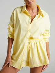 Two-piece Solid Color Single Breasted Long Sleeve Lapel Shirt Shorts Loose Fashion Casual Suit - 808Lush