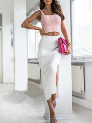 Women's Solid Color Button Slit Midi Skirt - 808Lush