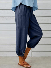 Loose high-waisted button-down cotton and linen cropped trousers wide-leg women's trousers - 808Lush