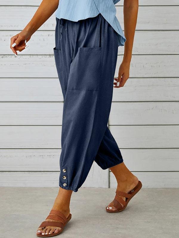 Loose high-waisted button-down cotton and linen cropped trousers wide-leg women's trousers - 808Lush