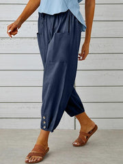 Loose high-waisted button-down cotton and linen cropped trousers wide-leg women's trousers - 808Lush
