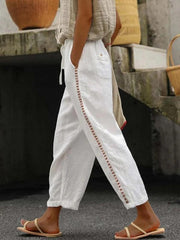 Women's Solid Color Cotton Linen Casual Pants Stitching Sweet Cropped Pants - 808Lush