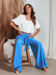 Women's Solid Color Drawstring Knot Wide Leg Trousers - 808Lush