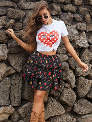 Skirt a-line skirt elastic layer cake floral pleated skirt - 808Lush