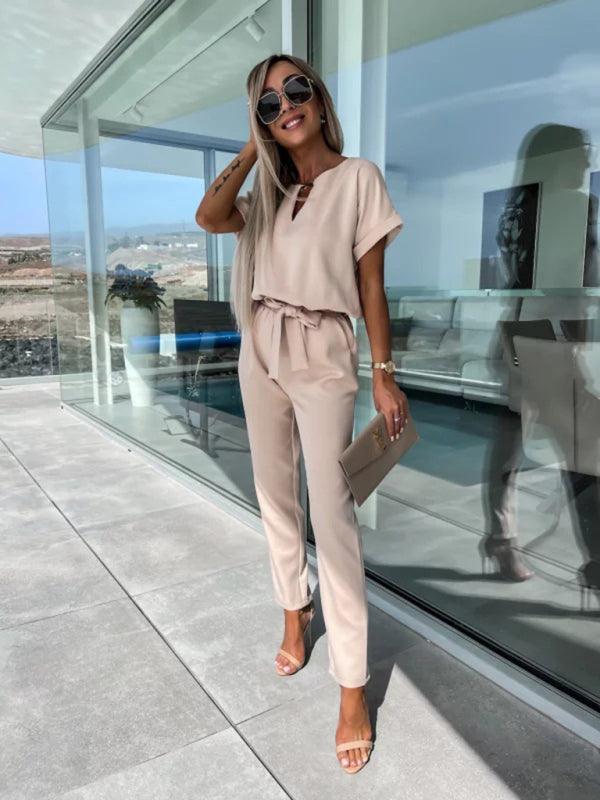Short-sleeved V-neck slip pocket elastic waist tie-up pencil pants cropped jumpsuit - 808Lush