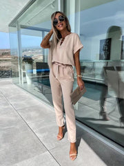 Short-sleeved V-neck slip pocket elastic waist tie-up pencil pants cropped jumpsuit - 808Lush