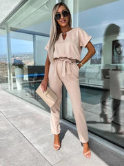 Short-sleeved V-neck slip pocket elastic waist tie-up pencil pants cropped jumpsuit - 808Lush