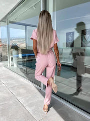 Short-sleeved V-neck slip pocket elastic waist tie-up pencil pants cropped jumpsuit - 808Lush