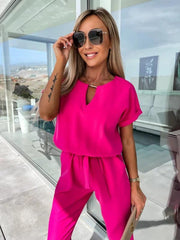 Short-sleeved V-neck slip pocket elastic waist tie-up pencil pants cropped jumpsuit - 808Lush