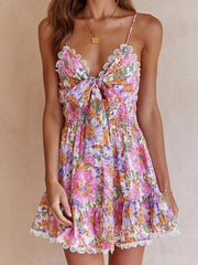 Women's Chest Knotted Printed Backless Waist Sling Dress