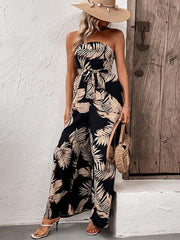 fashion women's plant leaf print tube top jumpsuit - 808Lush