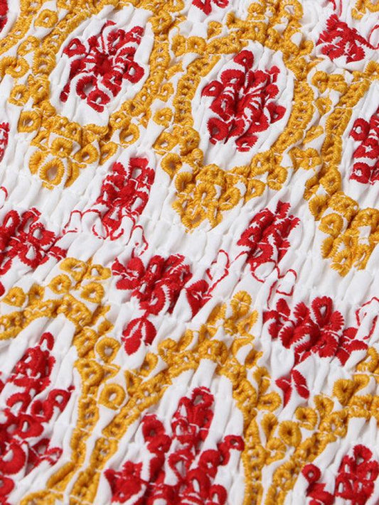 sexy tube top embroidery hollow ruffle dress with waist slimming printed slim skirt