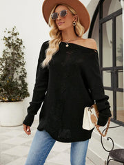 Fashion Solid Color Button Rope Knit Loose Pullover Sweater - 808Lush