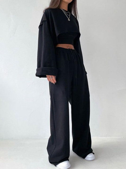 Fashion pullover long-sleeved navel sweater + suspender straight-leg wide-leg pants three-piece set - 808Lush