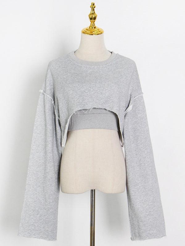 Fashion pullover long-sleeved navel sweater + suspender straight-leg wide-leg pants three-piece set - 808Lush