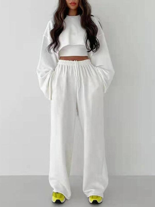 Fashion pullover long-sleeved navel sweater + suspender straight-leg wide-leg pants three-piece set - 808Lush