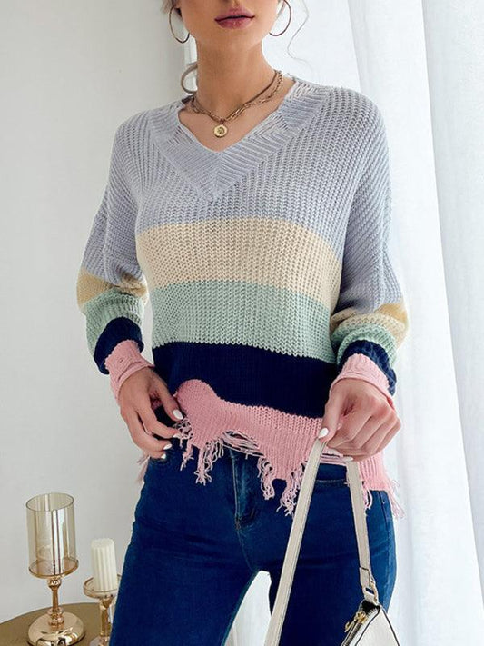 Casual women's long-sleeved worn-out knitted bottoming v-neck sweater - 808Lush