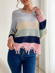 Casual women's long-sleeved worn-out knitted bottoming v-neck sweater - 808Lush