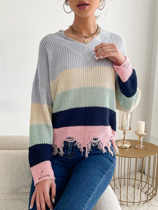 Casual women's long-sleeved worn-out knitted bottoming v-neck sweater - 808Lush