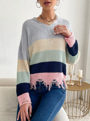 Casual women's long-sleeved worn-out knitted bottoming v-neck sweater - 808Lush