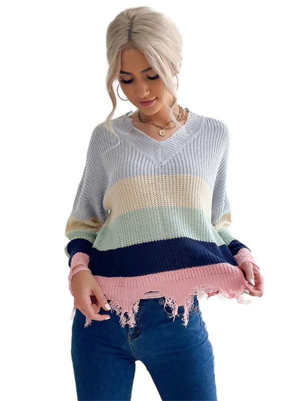 Casual women's long-sleeved worn-out knitted bottoming v-neck sweater - 808Lush