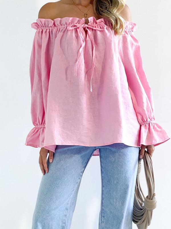 Elegant Bandage Loose Casual One Shoulder Balloon Sleeve Top - 808Lush