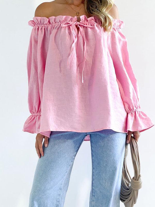 Elegant Bandage Loose Casual One Shoulder Balloon Sleeve Top - 808Lush