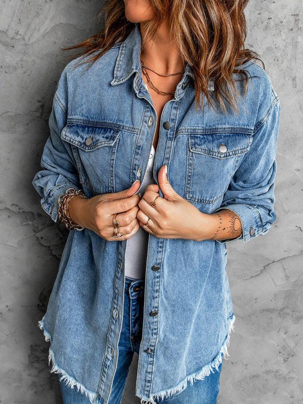 Street trendy denim lapel loose type simple blouse - 808Lush