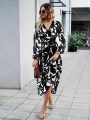Women's resort casual printed V-neck long-sleeved dress - 808Lush
