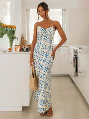slim-fit suspender V-neck printed backless long dress - 808Lush