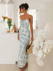 slim-fit suspender V-neck printed backless long dress - 808Lush