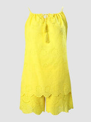 women's sleeveless ruffled hollow embroidered shorts suit - 808Lush