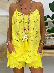 women's sleeveless ruffled hollow embroidered shorts suit - 808Lush