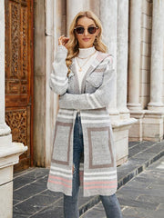 Women's hooded plaid knitted cardigan