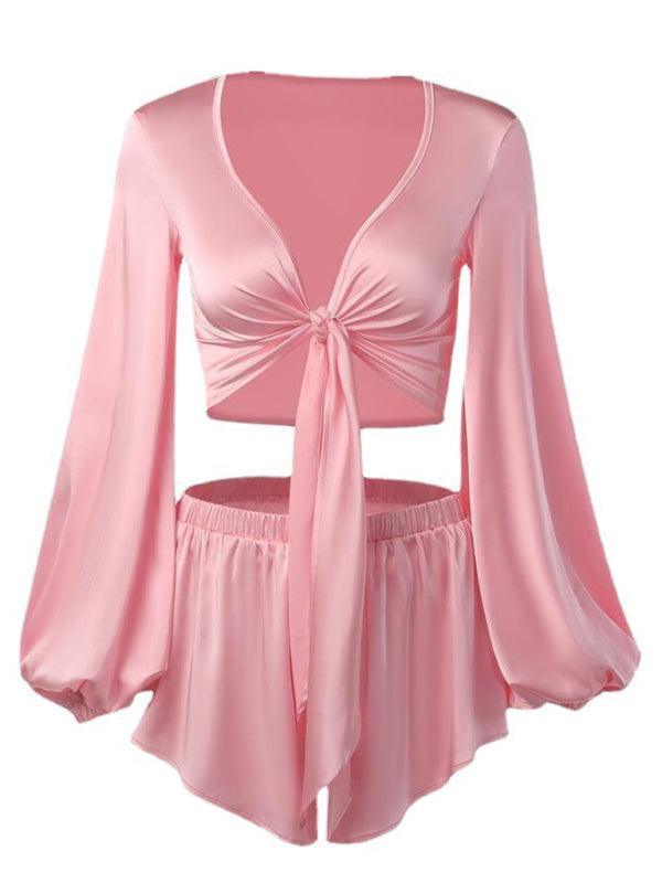 lantern sleeve V-neck top, vacation style sexy navel-baring strappy shorts set - 808Lush
