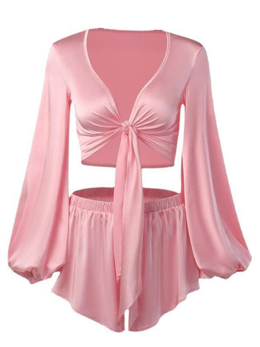 lantern sleeve V-neck top, vacation style sexy navel-baring strappy shorts set - 808Lush