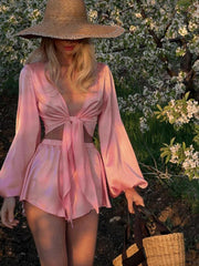lantern sleeve V-neck top, vacation style sexy navel-baring strappy shorts set - 808Lush