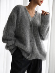 Women's loose long sleeve long wool V-neck sweater cardigan