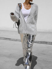 Women's loose long sleeve long wool V-neck sweater cardigan