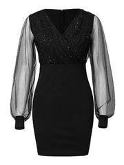 Mesh V-neck sequined long-sleeved dress slim dress