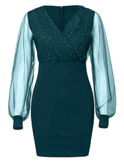 Mesh V-neck sequined long-sleeved dress slim dress