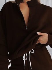Women's Stand Collar Zipper Pullover Long Sleeve Sweatshirt Shorts Set - 808Lush