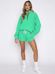 Women's Stand Collar Zipper Pullover Long Sleeve Sweatshirt Shorts Set - 808Lush
