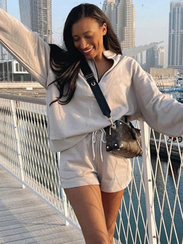 Women's Stand Collar Zipper Pullover Long Sleeve Sweatshirt Shorts Set - 808Lush