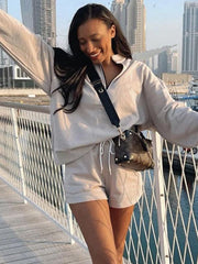 Women's Stand Collar Zipper Pullover Long Sleeve Sweatshirt Shorts Set - 808Lush